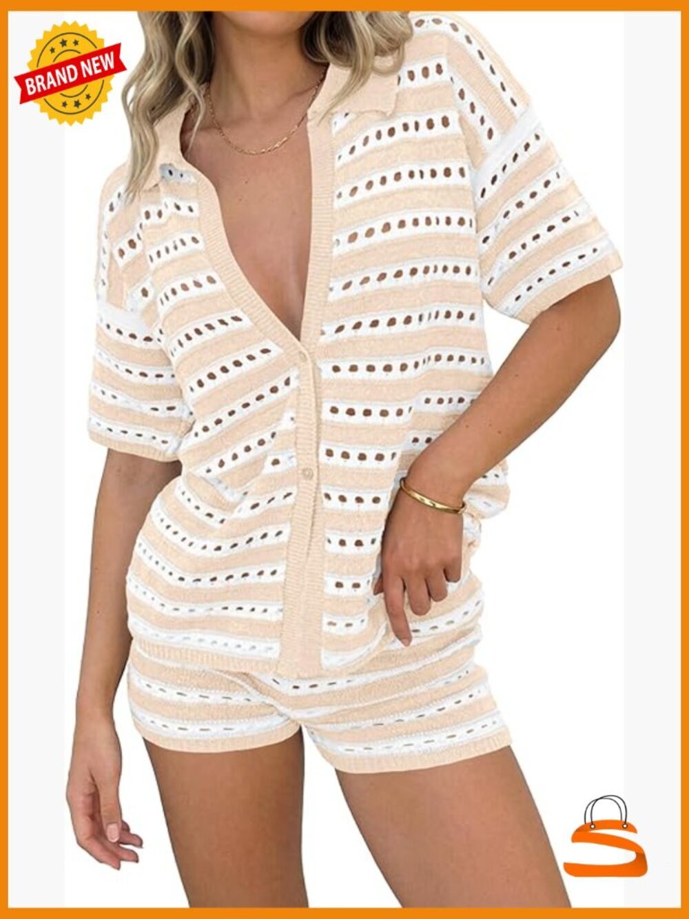 Crochet Knit Swimsuit Coverup 2-Piece Set Short Sleeve Button Top Shorts